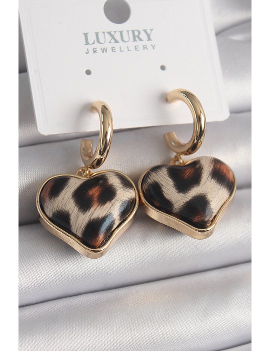 Pirinç Gold Renk 3D Kalp Leopar Model Kadın Küpe - TJ-BKP9876