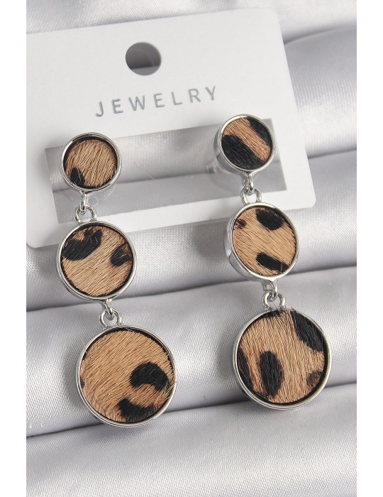 Pirinç Gümüş Renk 3'Lü Daire Plaka Leopar Desenli Kadın Küpe - TJ-BKP9892