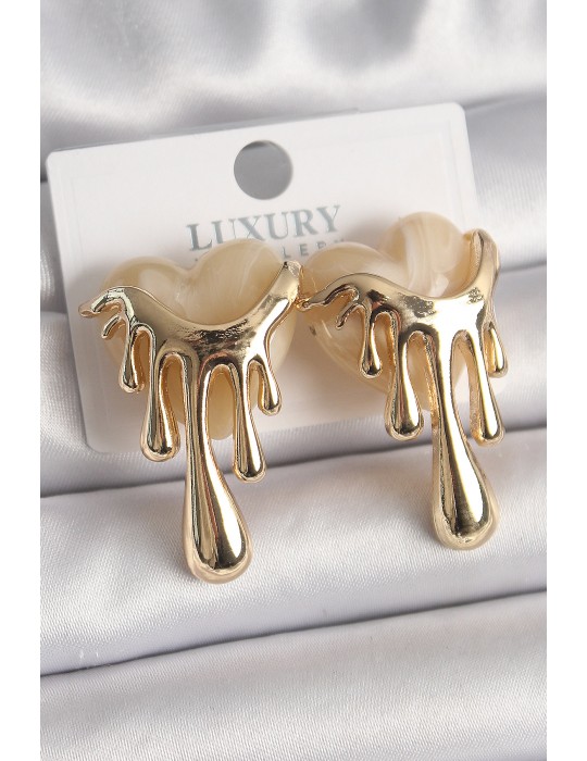 Pirinç Gold Renk Beyaz Sedefli Akan Kalp Model Kadın Küpe - TJ-BKP9893