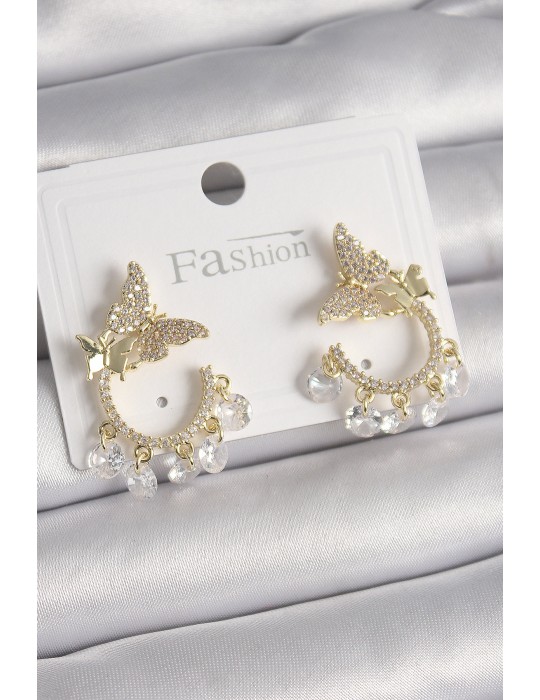 Pirinç Gold Renk Zirkon Taşlı Sallantı Detay Model Kadın Küpe - TJ-BKP9901