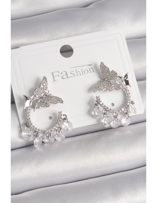 Pirinç Gümüş Renk Zirkon Taşlı Sallantı Detay Model Kadın Küpe - TJ-BKP9902