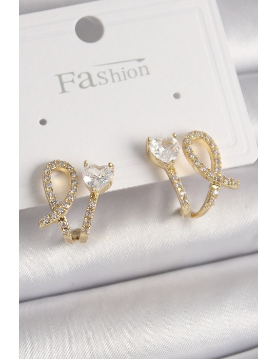 Pirinç Gold Renk Düğüm Model Zirkon Taşlı Kalp Detay Kadın Küpe - TJ-BKP9909