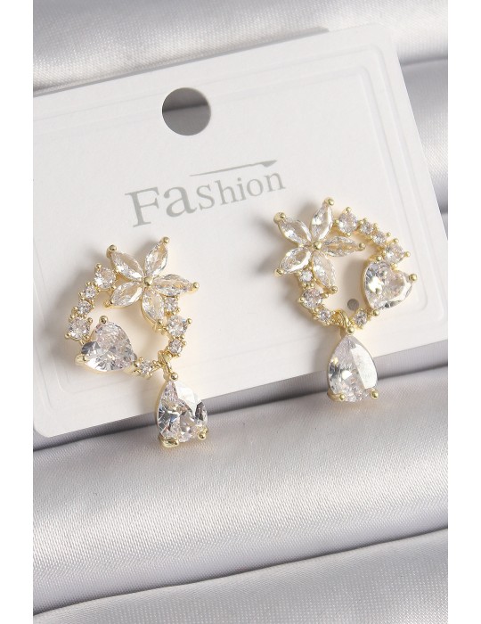 Pirinç Gold Renk Zirkon Taşlı Çiçek Model Sallantı Damla Detay Kadın Küpe - TJ-BKP9911