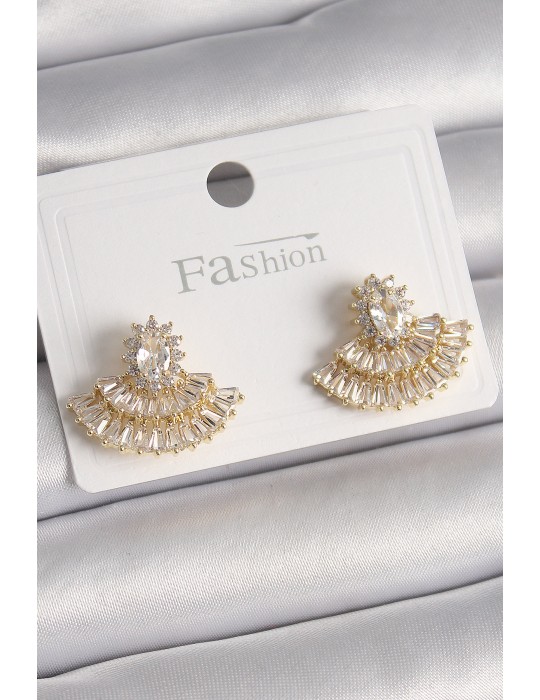 Pirinç Gold Renk Zirkon Taşlı Yelpaze Model Kadın Küpe - TJ-BKP9915