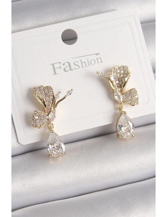 Pirinç Gold Renk Zirkon Taşlı Turna Kuşu Model Sallantı Detay Kadın Küpe - TJ-BKP9919