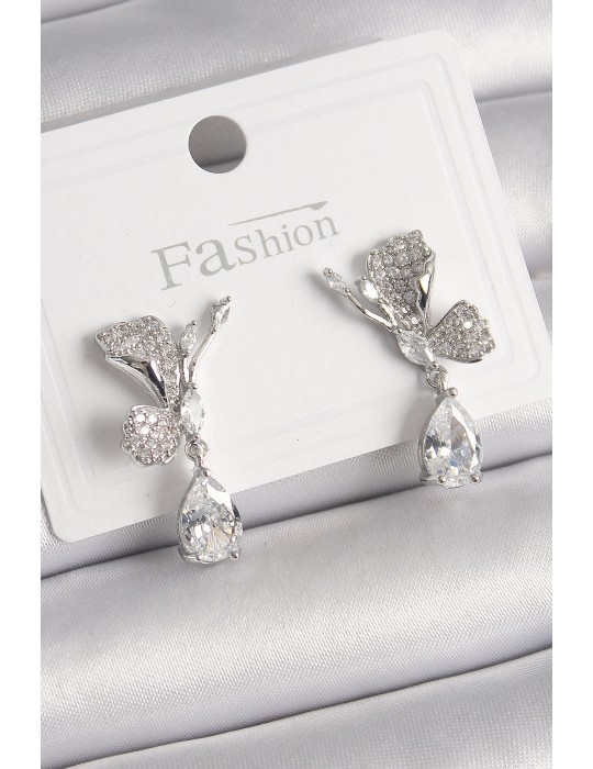 Pirinç Gümüş Renk Zirkon Taşlı Turna Kuşu Model Sallantı Detay Kadın Küpe - TJ-BKP9920