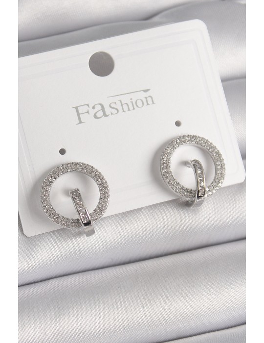 Pirinç Gümüş Renk Zirkon Taşlı Halka Model Kadın Küpe - TJ-BKP9924