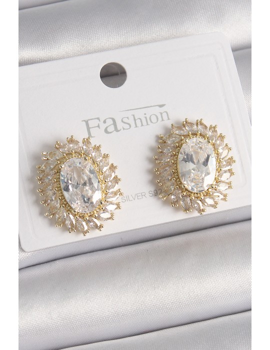 Pirinç Gold Renk Zirkon Taşlı Kadın Küpe - TJ-BKP9925