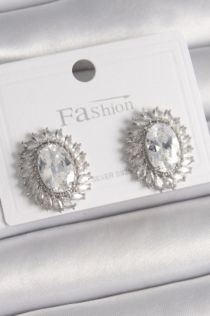 Pirinç Gümüş Renk Zirkon Taşlı Kadın Küpe - TJ-BKP9926 Pirinç Gümüş Renk Zirkon Taşlı Kadın Küpe - TJ-BKP9926