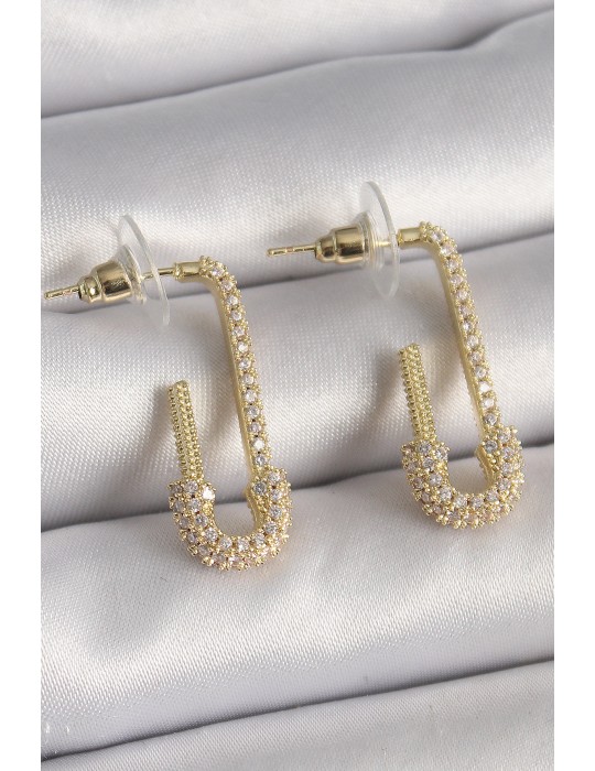 Pirinç Gold Renk Zirkon Taşlı Çengelli İğne Model Kadın Küpe - TJ-BKP9937