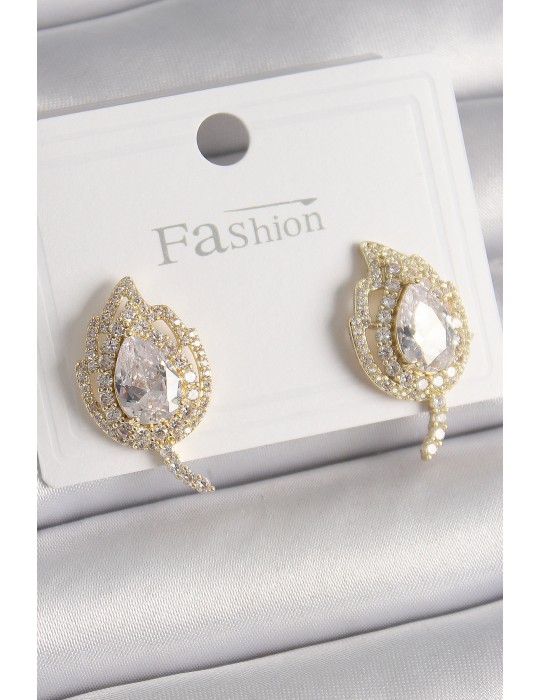 Pirinç Gold Renk Zirkon Taşlı Yaprak Model Kadın Küpe - TJ-BKP9945
