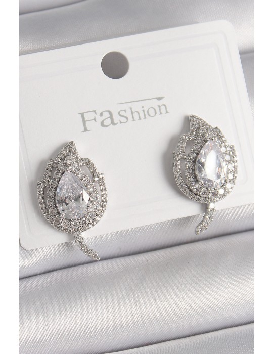 Pirinç Gümüş Renk Zirkon Taşlı Yaprak Model Kadın Küpe - TJ-BKP9946