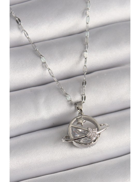 316L Çelik Gümüş Renk Zincir Zirkon Taşlı Yıldız Detay Gezegen Model Kadın Kolye - TJ-BKO9643