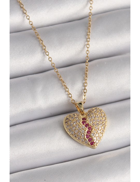 316L Çelik Gold Renk Zincir Zirkon Taşlı Kalp Model Kadın Kolye - TJ-BKO9644
