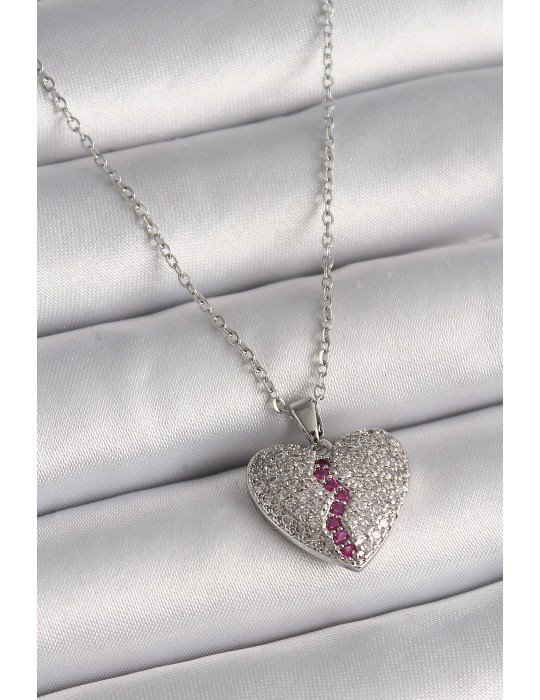 316L Çelik Gümüş Renk Zincir Zirkon Taşlı Kalp Model Kadın Kolye - TJ-BKO9645