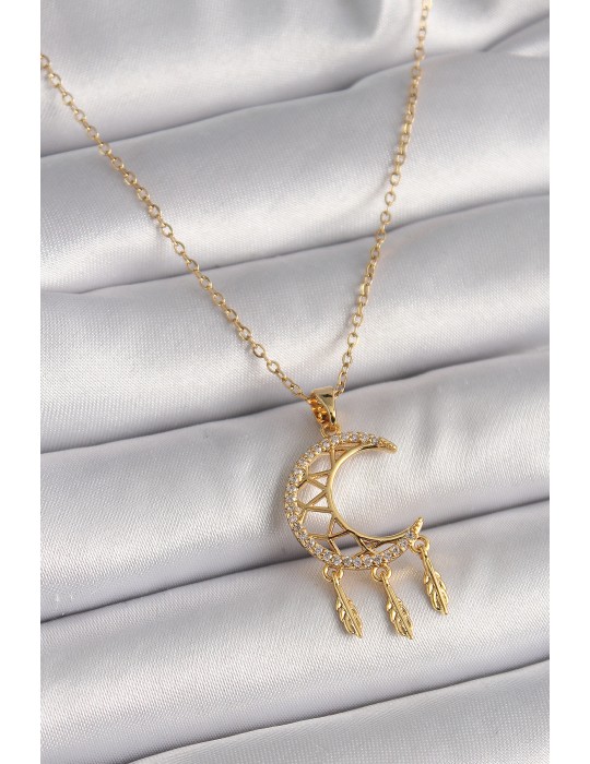 316L Çelik Gold Renk Zincir Zirkon Taşlı Hilal Model Sallantı Yaprak Detay Kadın Kolye - TJ-BKO9650