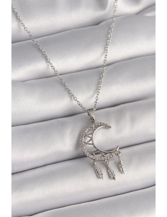 316L Çelik Gümüş Renk Zincir Zirkon Taşlı Hilal Model Sallantı Yaprak Detay Kadın Kolye - TJ-BKO9651
