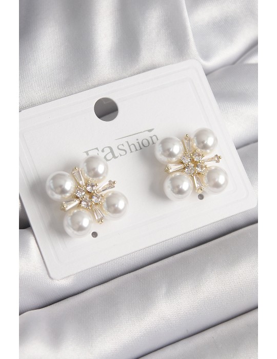 Pirinç Gold Renk Zirkon Taşlı İncili Kadın Küpe - TJ-BKP9947