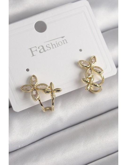 Pirinç Gold Renk Zirkon Taşlı 2'Li Çiçek Model Kadın Küpe - TJ-BKP9961