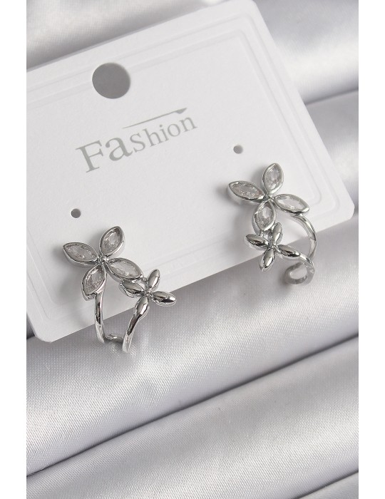 Pirinç Gümüş Renk Zirkon Taşlı 2'Li Çiçek Model Kadın Küpe - TJ-BKP9962