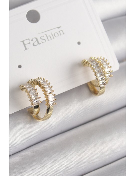 Pirinç Gold Renk 2'Li Zirkon Taşlı Halka Model Kadın Küpe - TJ-BKP9975