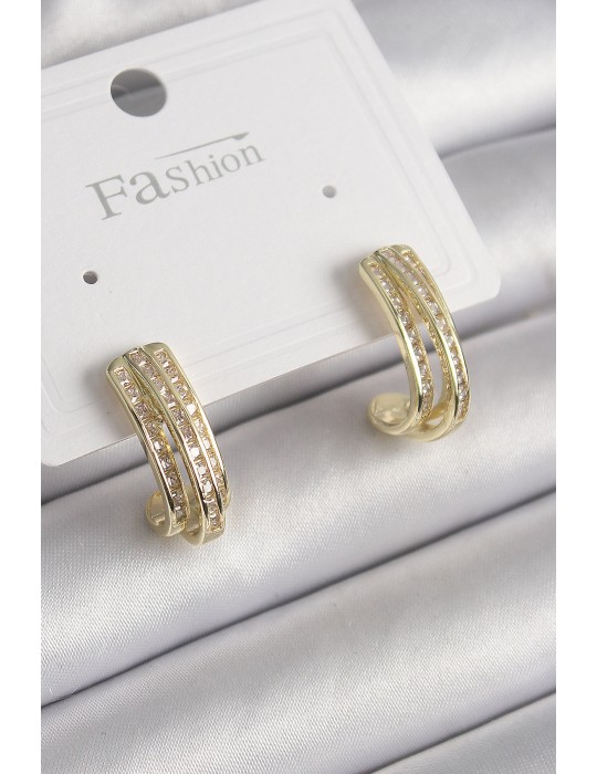 Pirinç Gold Renk Zirkon Taşlı Yarım Halka Model Kadın Küpe - TJ-BKP9977