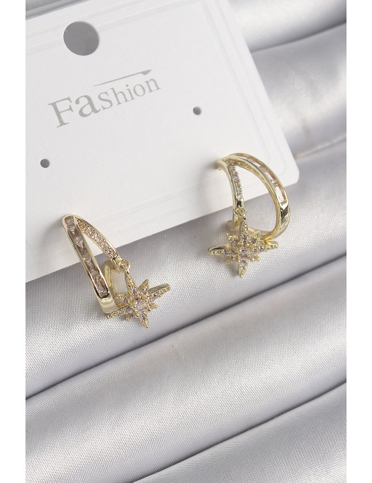 Pirinç Gold Renk Zirkon Taşlı Halka Model Yıldız Detay Kadın Küpe - TJ-BKP9989