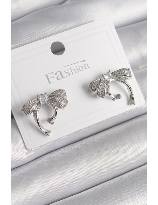 Pirinç Gümüş Renk Zirkon Taşlı Fiyonk Model Kadın Küpe - TJ-BKP10000