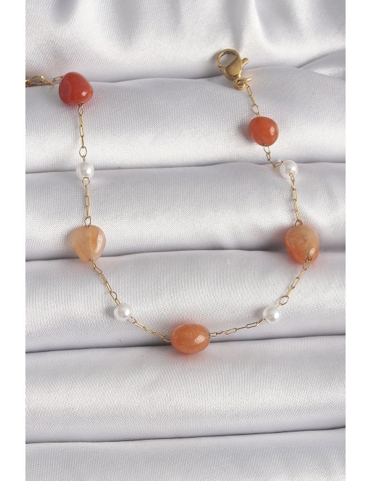 316L Çelik Gold Renk Zincir Turuncu Doğaltaş Model İnci Detay Kadın Bileklik - TJ-BB6603