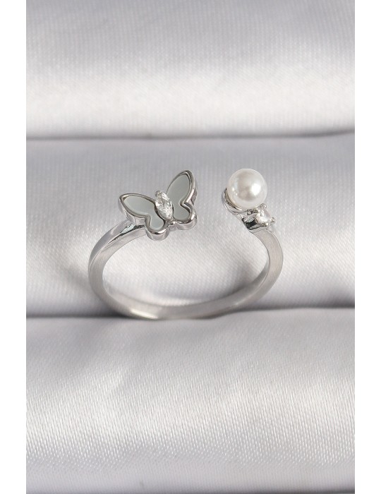 Pirinç Gümüş Renk Zirkon Taş Detaylı Beyaz Mineli Figür İnci Detay Ayarlanabilir Yüzük - TJ-BYK3524