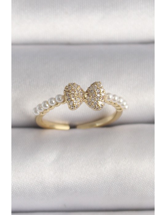 Pirinç Gold Renk Zirkon Taşlı Fiyonk İnci Detay Ayarlanabilir Yüzük - TJ-BYK3525