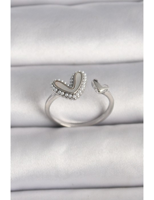 Pirinç Gümüş Renk Beyaz Mineli İnci Detaylı Kalp Model Ayarlanabilir Yüzük - TJ-BYK3536