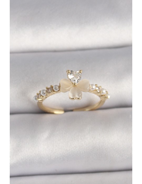 Pirinç Gümüş Renk Zirkon Taşlı Beyaz Mineli Yonca Model İnci Detay Ayarlanabilir Yüzük - TJ-BYK3551