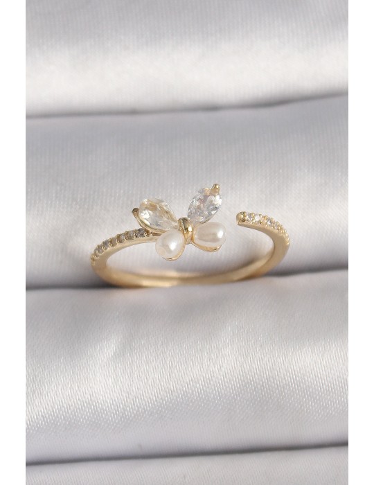 Pirinç Gold Renk Zirkon Taşlı Mode İnci Detay Ayarlanabilir Yüzük - TJ-BYK3557