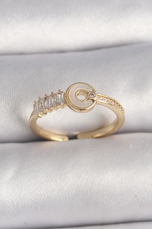 Pirinç Gold Renk Zirkon Taşlı Ayarlanabilir Kadın Yüzük - TJ-BYK3561