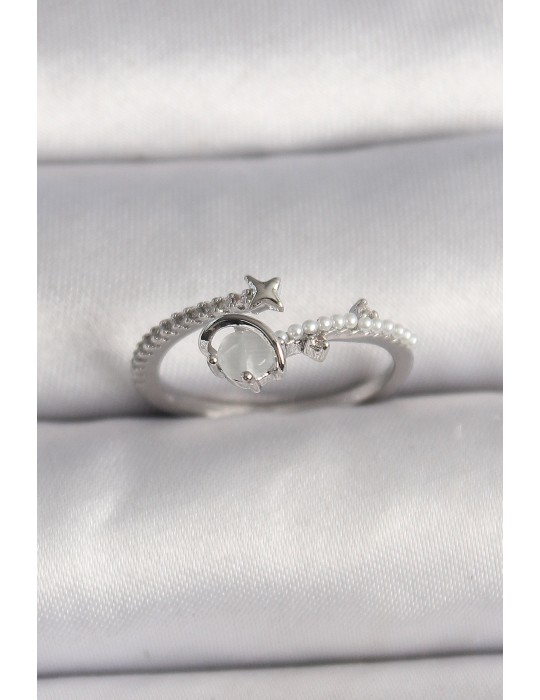Pirinç Gümüş Renk Zirkon Taşlı Beyaz Mineli Yıldız Detay Ayarlanabilir Kadın Yüzük - TJ-BYK3570