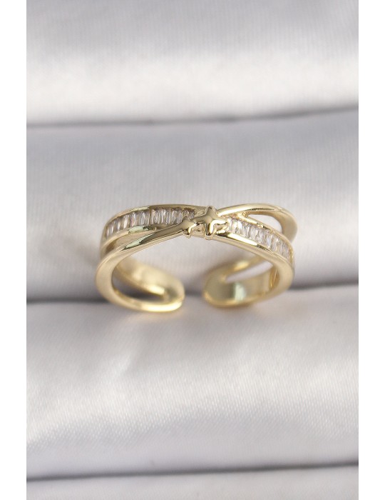 Pirinç Gold Renk Zirkon Taşlı Yıldız Detaylı Ayarlanabilir Kadın Yüzük - TJ-BYK3573