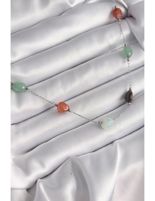 316L Çelik Gümüş Renk Zincir Renkli Doğaltaş Model Kadın Kolye - TJ-BKO9660