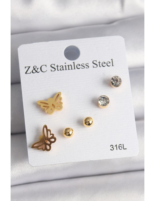 316L Çelik Gold Renk Zirkon Taşlı Figür Kadın Küpe Seti - TJ-BKP10007