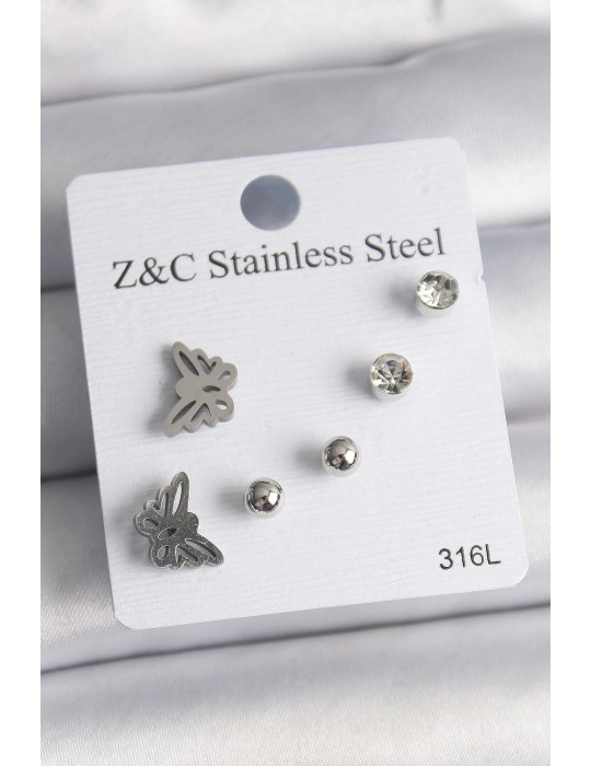 316L Çelik Gümüş Renk Zirkon Taşlı Model Kadın Küpe Seti - TJ-BKP10008