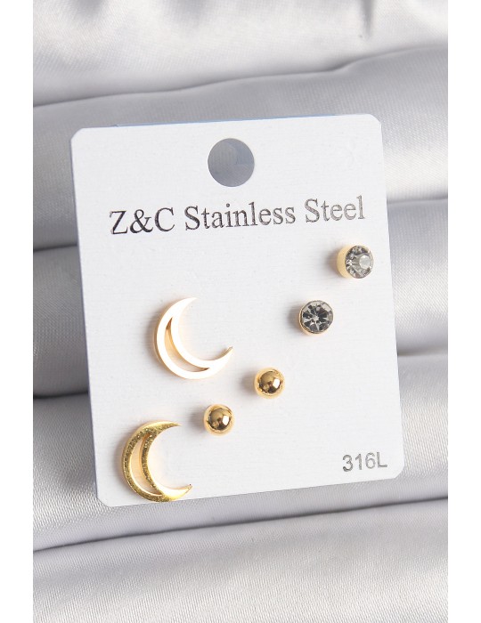 316L Çelik Gold Renk Zirkon Taşlı Hilal Model Kadın Küpe Seti - TJ-BKP10009