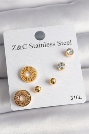 316L Çelik Gold Renk Zirkon Taşı Labirent Model Kadın Küpe Seti - TJ-BKP10011