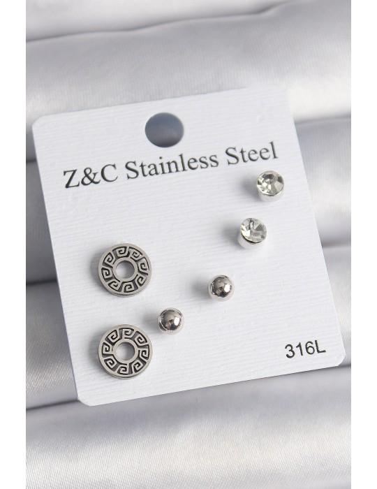 316L Çelik Gümüş Renk Zirkon Taşlı Labirent Model Kadın Küpe Seti - TJ-BKP10012