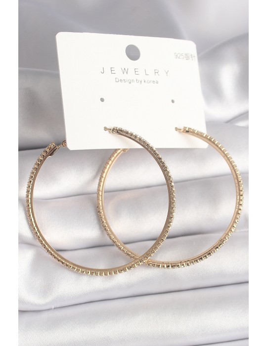 Pirinç Gold Renk Zirkon Taşlı Halka Model Kadın Küpe - TJ-BKP10015