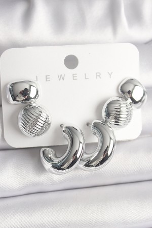 Gümüş Renk İşlemeli Daire Halka Model CCB Platik Kadın Küpe Seti - TJ-BKP10025