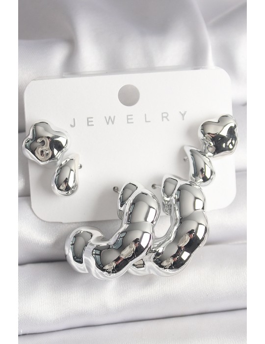 Gümüş Renk Yonca Damla Halka Model CCB Plastik Kadın Küpe Seti - TJ-BKP10027