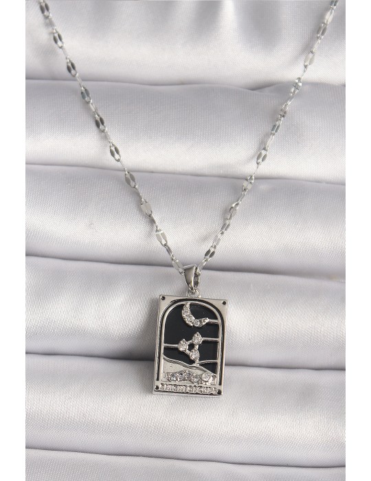 316L Çelik Gümüş Renk Zirkon Taşlı Ay Figürlü Taror Model Kadın Kolye - TJ-BKO9685