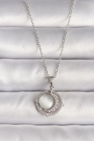 316L Çelik Gümüş Renk Zirkon Taşlı Beyaz Sedefli Hilal Model Kadın Kolye - TJ-BKO9702