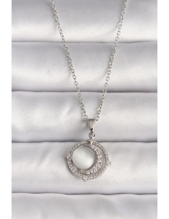 316L Çelik Gümüş Renk Zirkon Taşlı Beyaz Sedefli Hilal Model Kadın Kolye - TJ-BKO9702