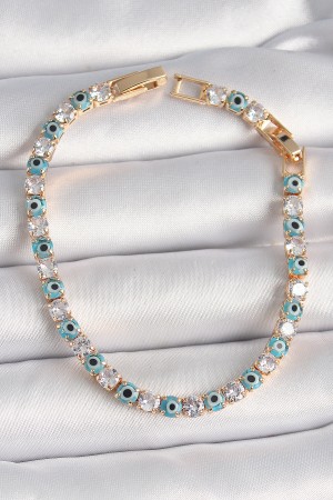 Pirinç Gold Renk Su Yolu Zirkon Taşlı Nazar Boncuklu Kadın Bileklik - TJ-BB6648 Pirinç Gold Renk Su Yolu Zirkon Taşlı Nazar Boncuklu Kadın Bileklik - TJ-BB6648